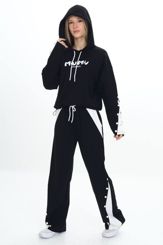 Girl's 100% Cotton Hooded Snap Detailed Bottom & Top Tracksuit Set-179