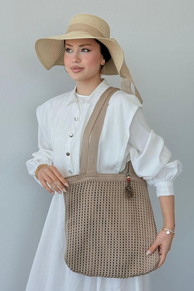 Boncuklu Hasır Çanta Vizon - 2