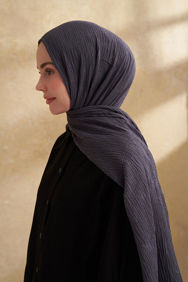 Muslin Leaf Pattern Shal - Gray Blue - 3