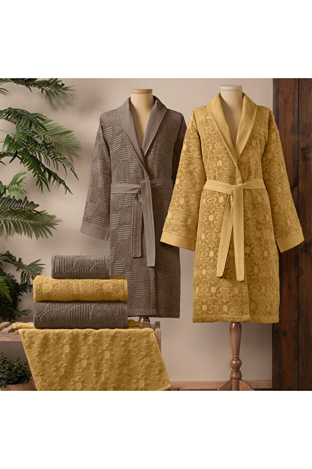 Armo 100% Cotton Family Bathrobe Set Mustard/Beige (6 Pieces)
