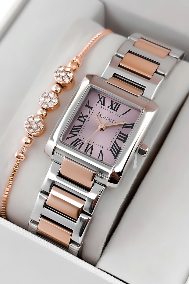 Steel Cord Steel Case Women Wrist Watch, 3 Atm Waterproof Silver-Rose Zmfer194