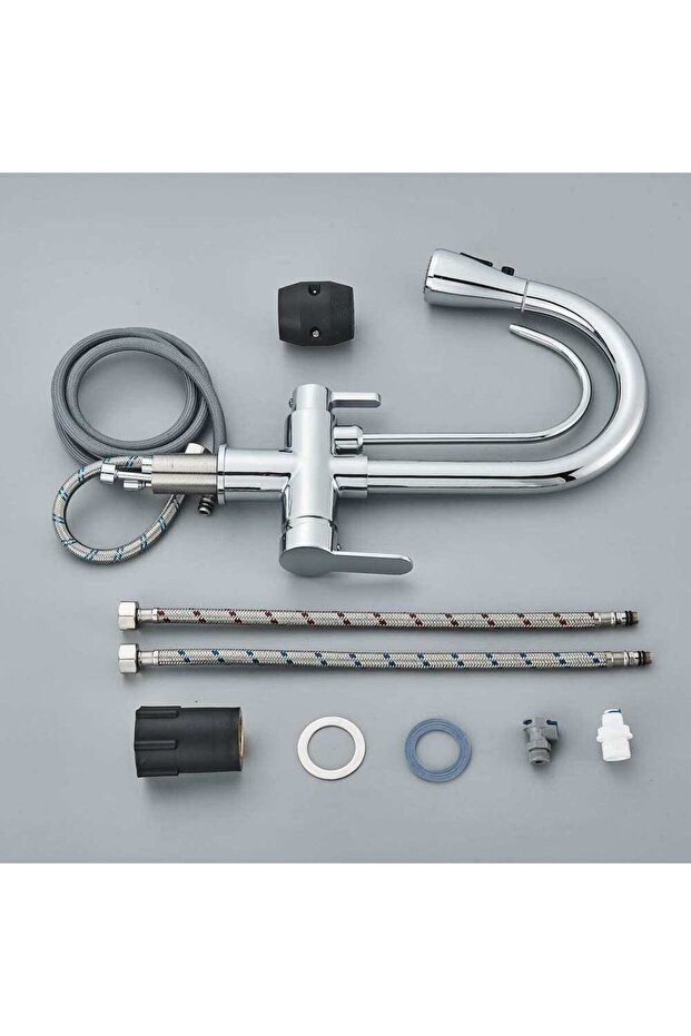 3-way kitchen faucet, shiny silver, with 2 flow functions and pull-out shower, code 1461 - 8