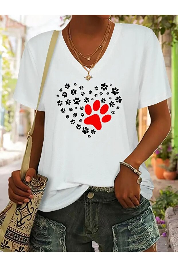 Patili Heart Printed Women's Oversize V-Neck T-Shirt