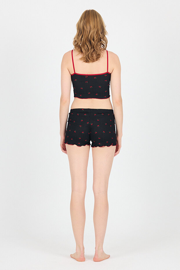 طقم شورت رياضي منقوش باللون الأسود الكرزي 3403 - 5