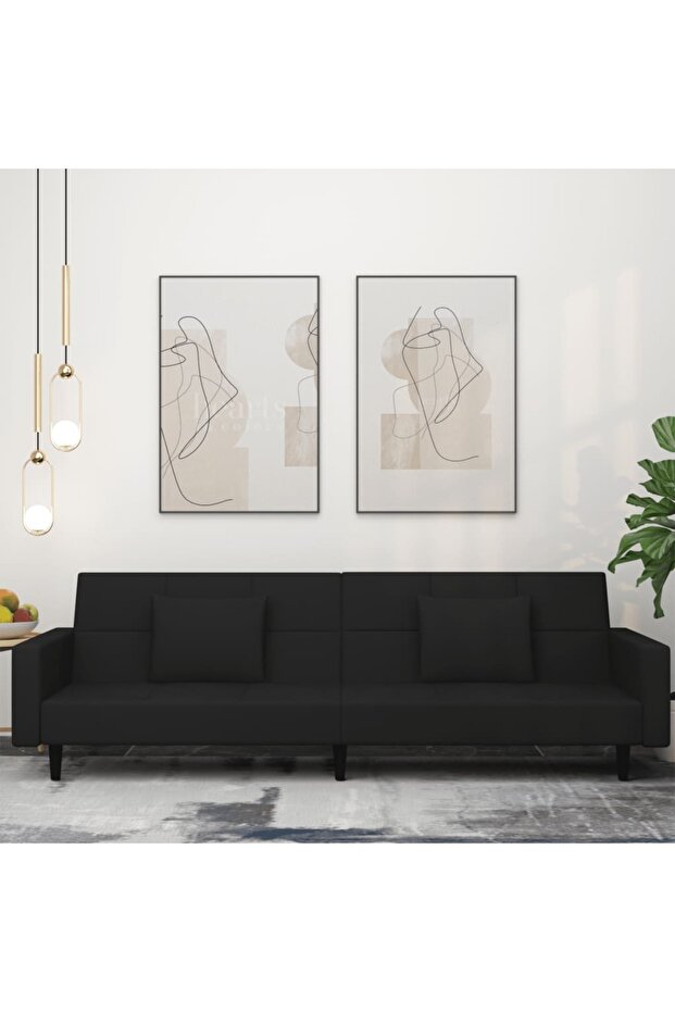 2-Seater Sofa Bed with Two Pillows Black Velvet
