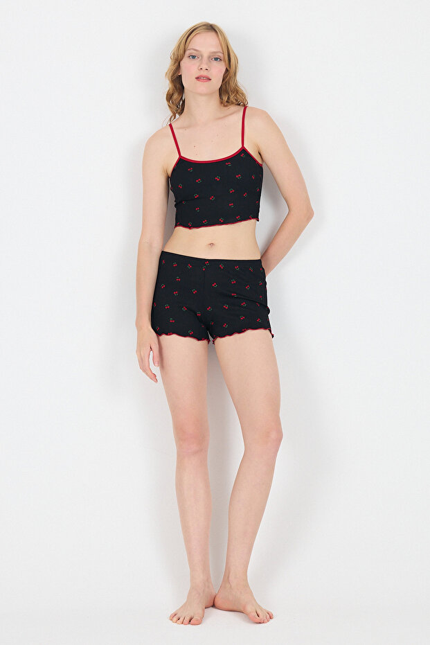 طقم شورت رياضي منقوش باللون الأسود الكرزي 3403 - 4