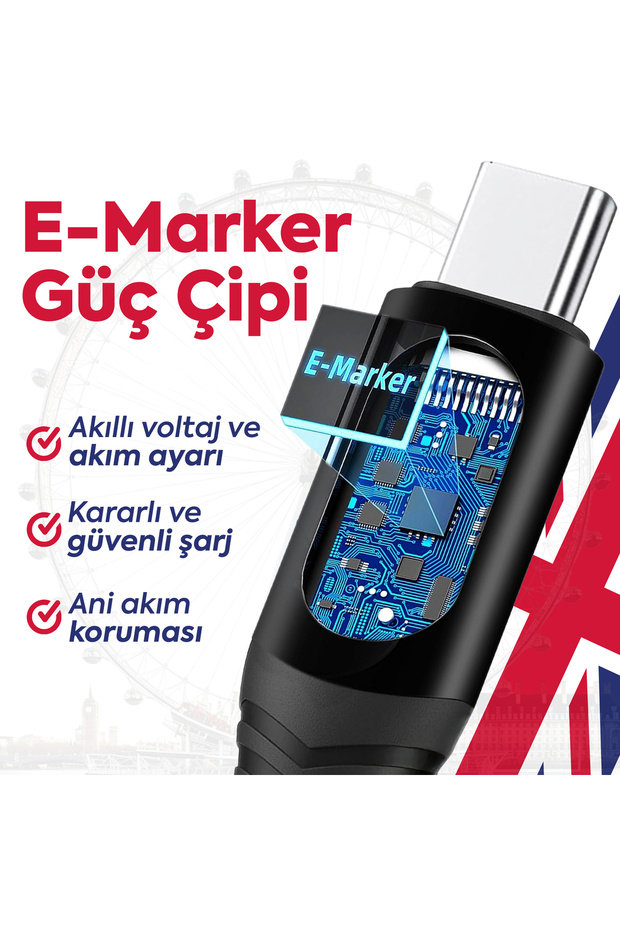 100W Type-C LED Ekranlı, Hızlı Şarj ve Data Kablosu | E-Mark, Örgülü, 1.2m, Tüm Cihazlarla Uyumlu - 7