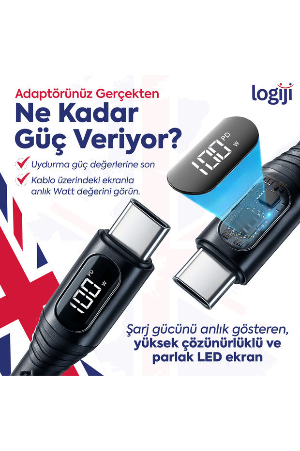 100W Type-C LED Ekranlı, Hızlı Şarj ve Data Kablosu | E-Mark, Örgülü, 1.2m, Tüm Cihazlarla Uyumlu - 2