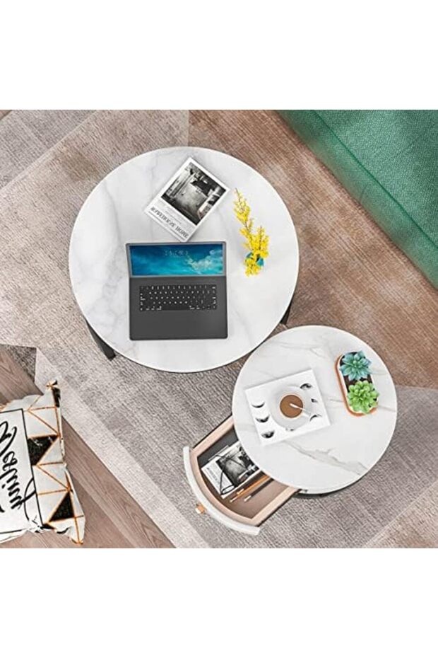 Coffee Table Nesting Table Round Coffee Table with Storage Suitable Black Frame Round Marble Pattern - 5
