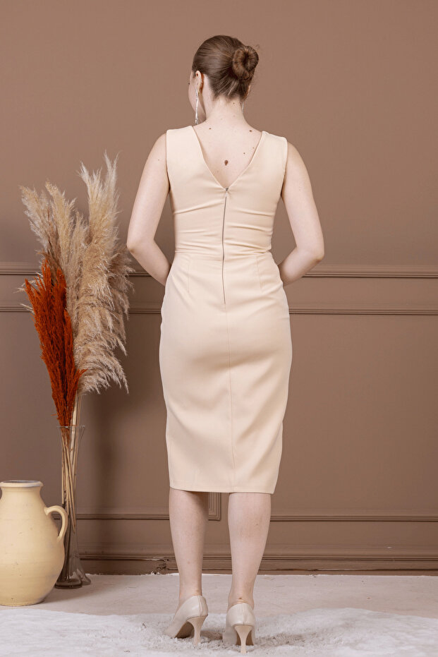 Atlas Kumaş Gül Detaylı Kalem Elbise - BEJ - 7