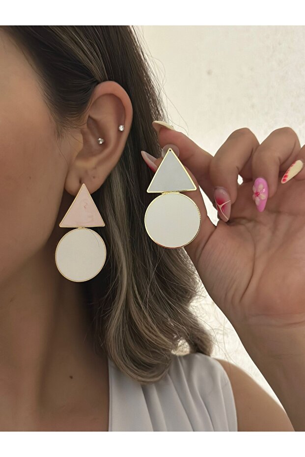 Triangle Detail Dangle Earrings (Brass Plated) Pink