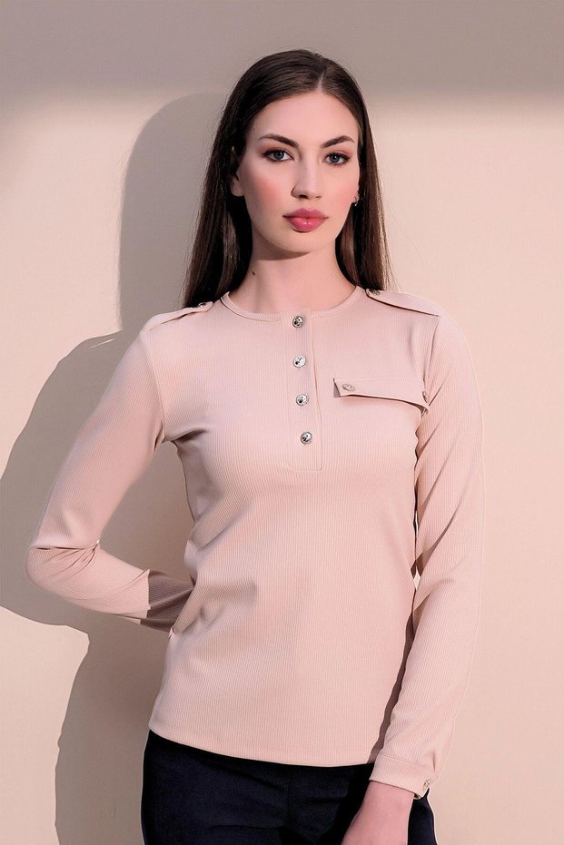 Women's Stone Long Sleeve Quality Epaulettes Half Placket Camisole Pocket Straight Cut Blouse
