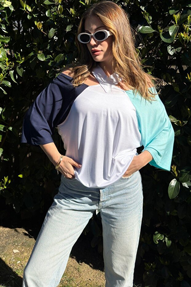 Women's Navy & Mint Half Sleeve, Striped Low-cut Collar, Color Block Design, Loose Blouse