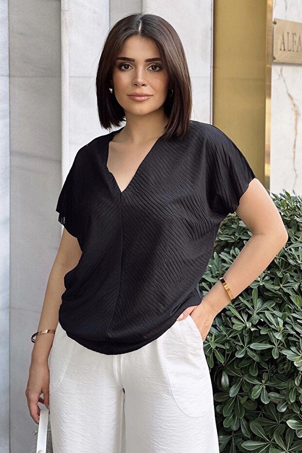 Black V-Neck, Short & Bat Sleeve, Self-Textured Fabric, Basic Fit/Cut, Loose Blouse & T-Shirt