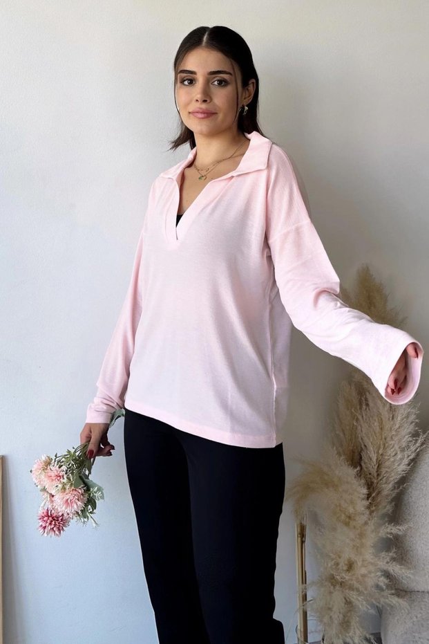 Women's Powder Polo Collar Linen Blouse, Long Sleeve, Regular Fit, Casual and Sports Sweatshirt