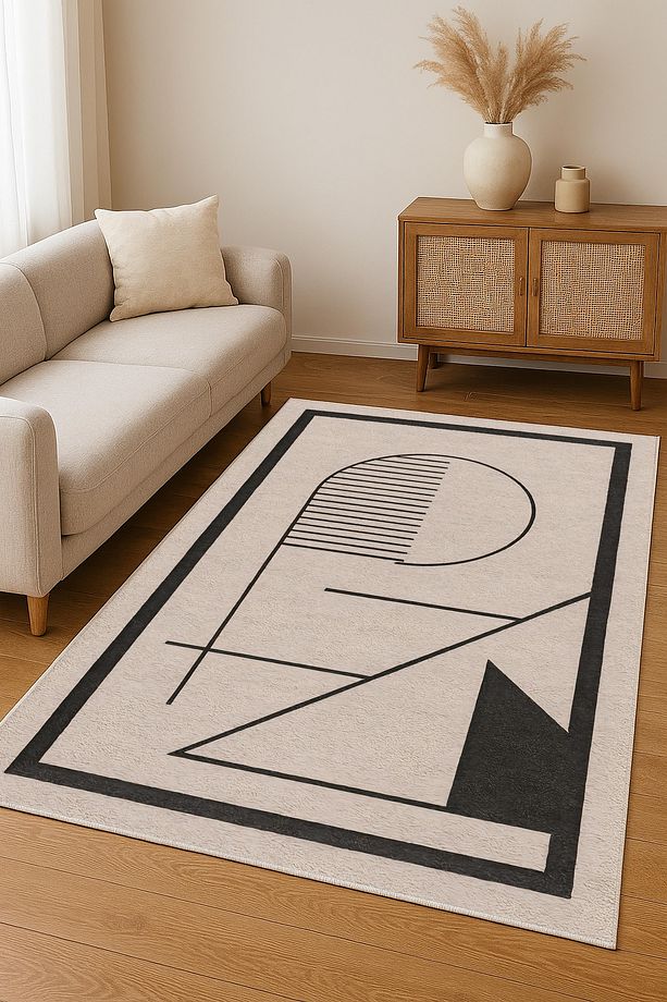 Salon Halısı Geometrik İskandinav Eskitmeli Dijital Baskı Yıkanabilir Kaymaz Taban 9079 - 2