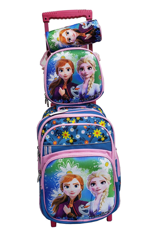 Cartoon Printed Kids School Trolley Backpack Set, 3 Pieces, 16.5 Inch Rolling Bag Lunch Box Pencil C