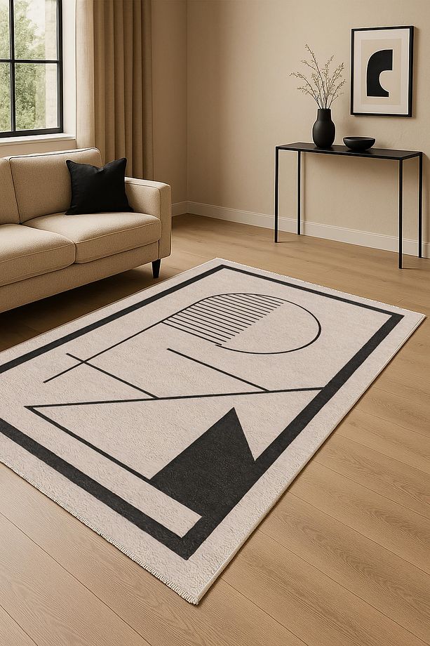 Salon Halısı Geometrik İskandinav Eskitmeli Dijital Baskı Yıkanabilir Kaymaz Taban 9079 - 1