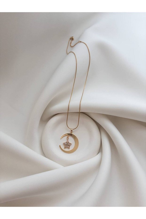 Steel Necklace - Crescent Star Stone Necklace - Steel Crescent Necklace - Steel Necklace