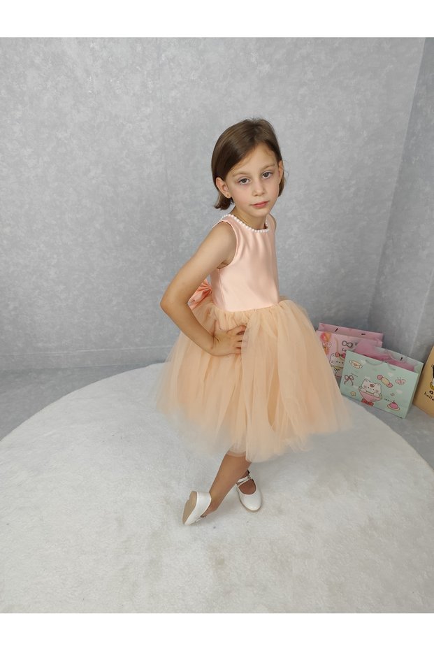Girl's Evening Dress Island, Salmon Collar Pearl, Tutu Dress