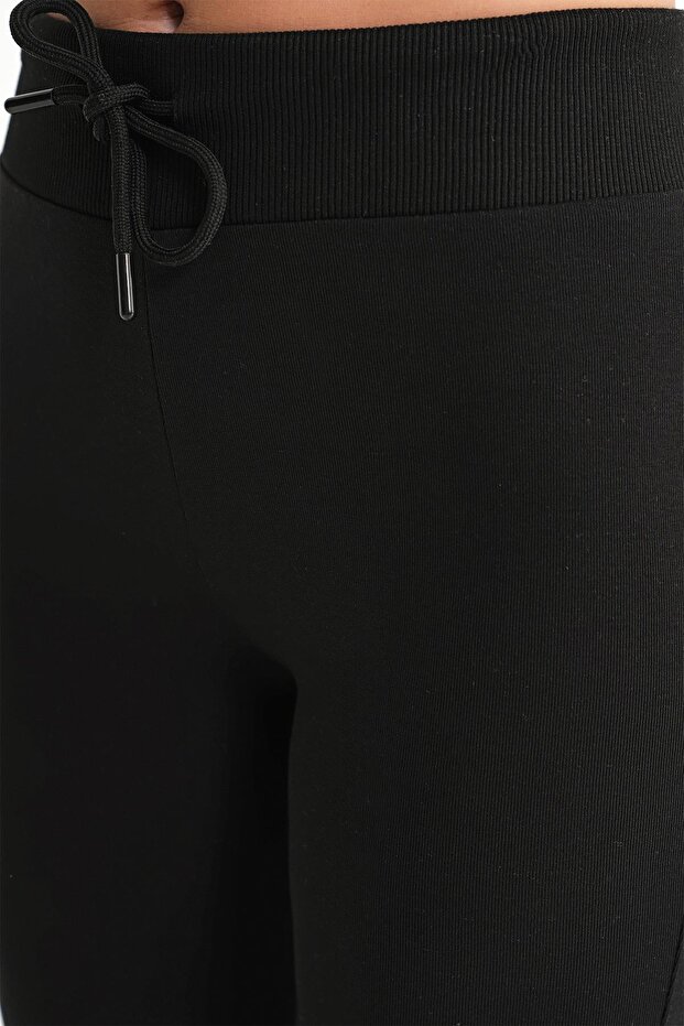 2017 Kadın Yüksek Bel İspanyol Paça Örme Bağcıklı Tayt Siyah - 5