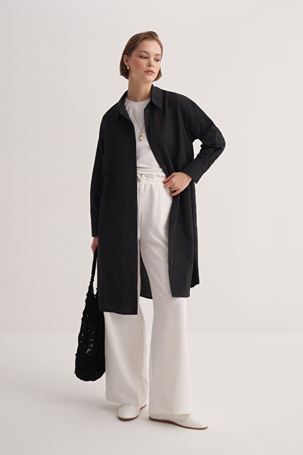 Kadın Poplin Basic Uzun Gömlek Siyah - 1