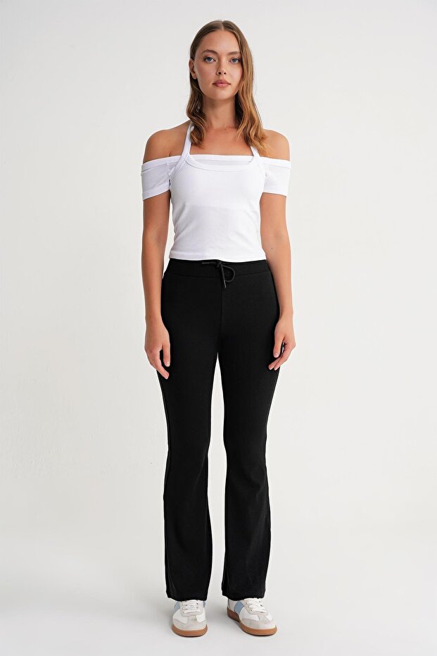 2017 Kadın Yüksek Bel İspanyol Paça Örme Bağcıklı Tayt Siyah - 1