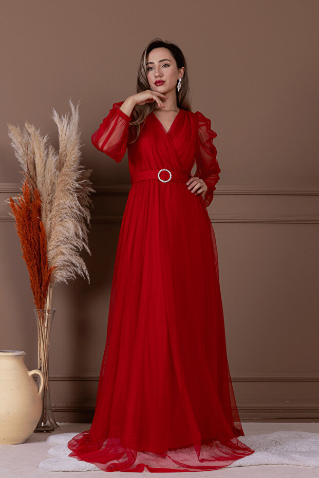 Tulle Double-Breasted Collared Maxi Dress - Red