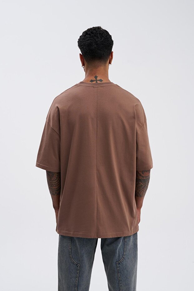 Erkek Basic Super Pamuklu Oversize Çikolata Tişört - 5