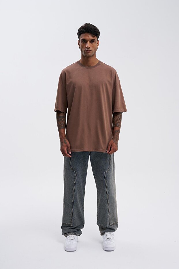 Erkek Basic Super Pamuklu Oversize Çikolata Tişört - 6