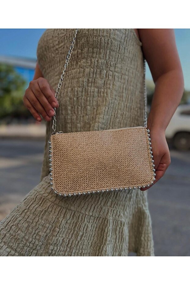 حقيبة قش صغيرة مطرزة - 1