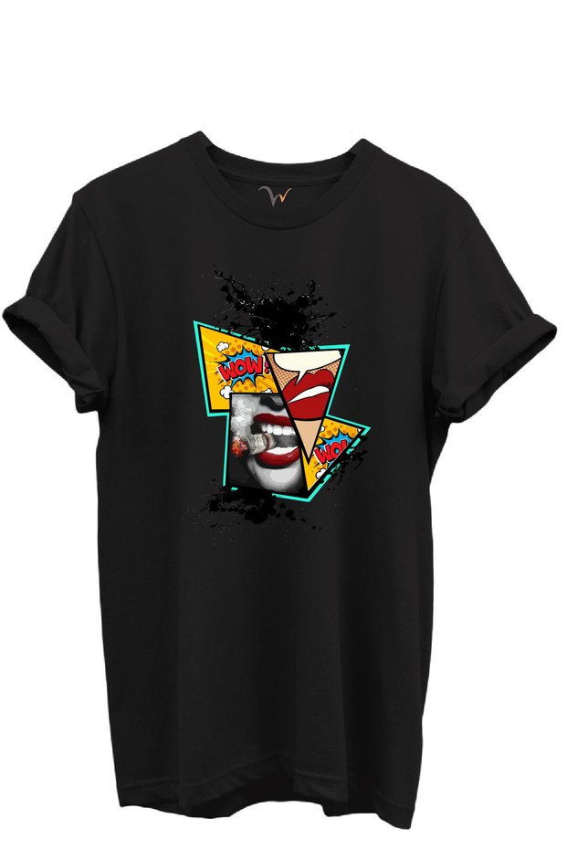 Pop Art Lip and Comic Printed Wow Themed 100% Cotton Regular Fit Unisex T-Shirt