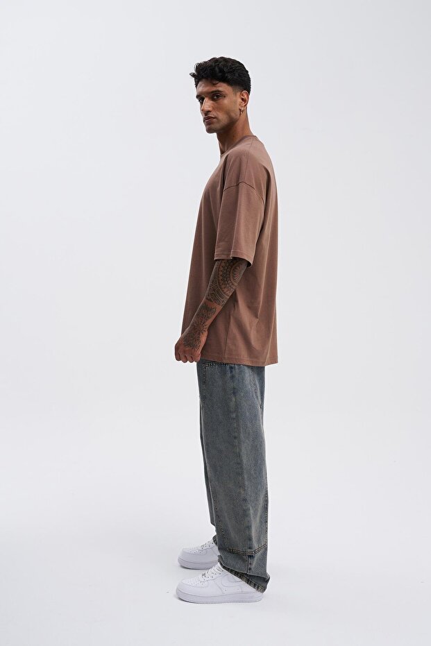 Erkek Basic Super Pamuklu Oversize Çikolata Tişört - 8