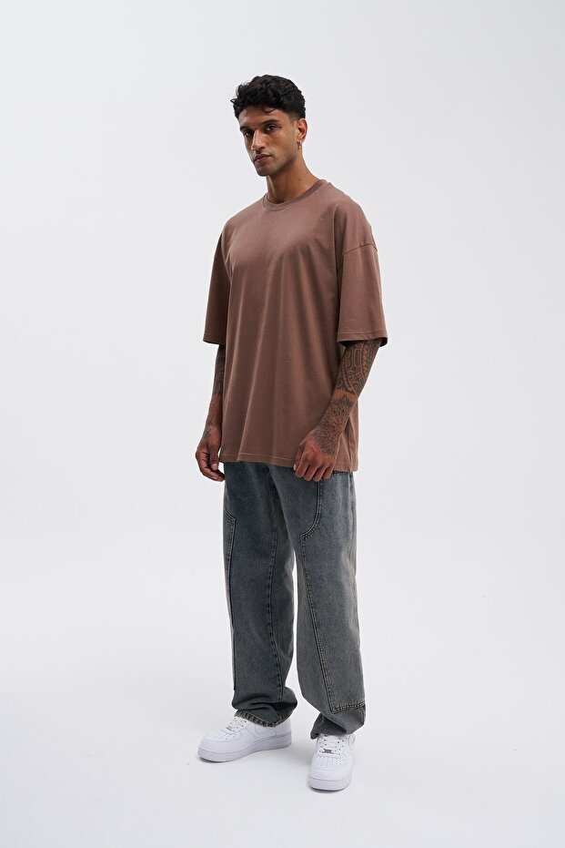 Erkek Basic Super Pamuklu Oversize Çikolata Tişört - 7