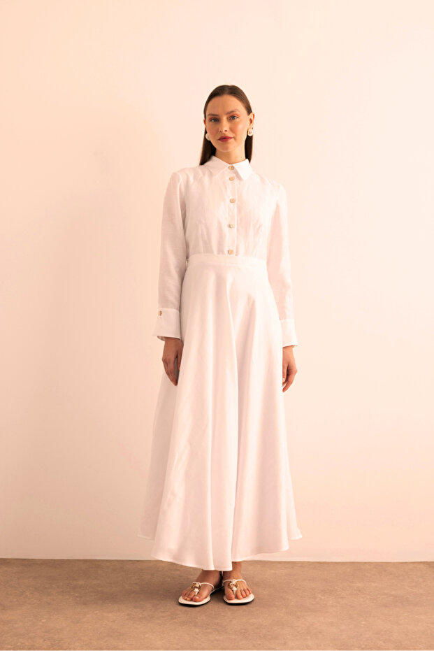 Beyaz Keten Elbise - 1