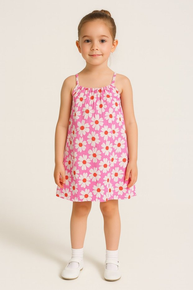 Lupinn Fashion Girl's Pink Strap Flower Pattern Summer Dress
