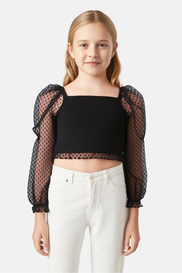 Kids Girl Off-Shoulder Long Sleeve Textured Crop Top, Black