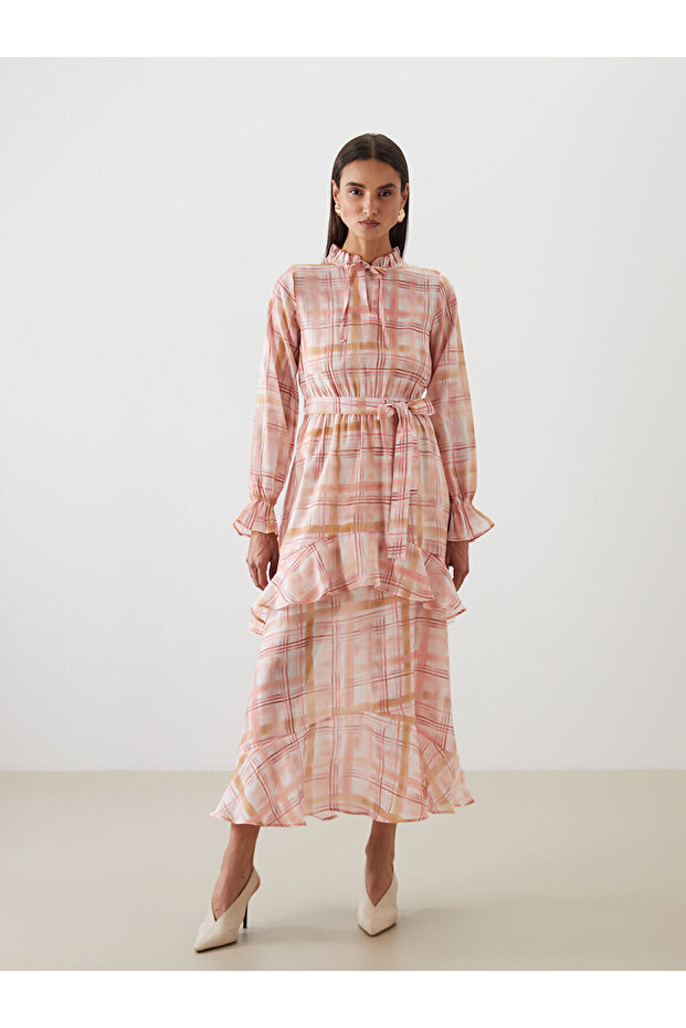 Original Tie-Neck Plaid Ruffle Dress