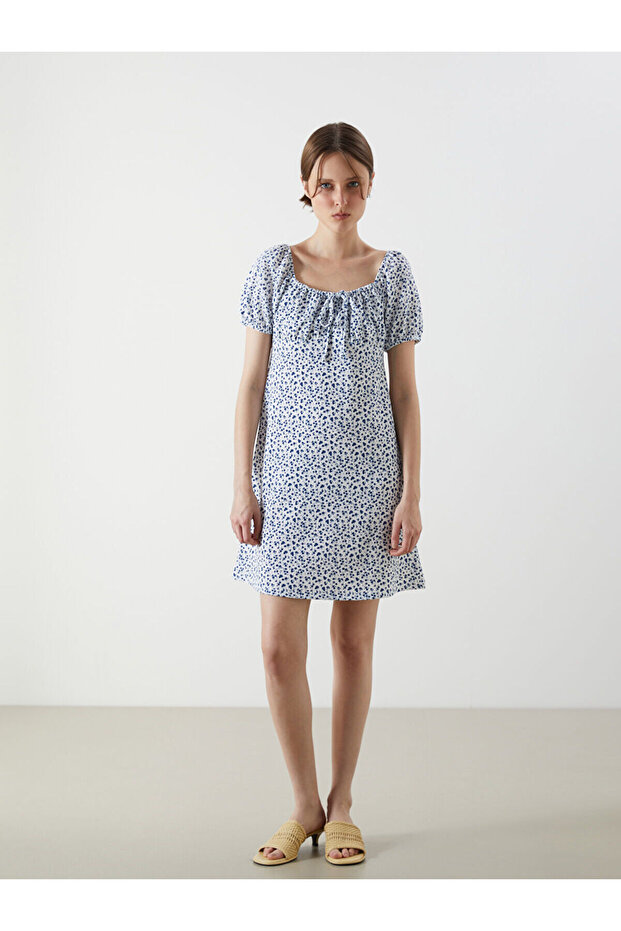 Lcw Vision Blue Tie Collar Floral Mini Dress