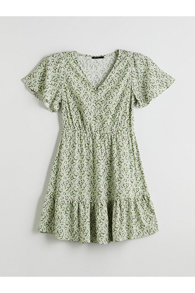 LCW Comfort Yeşil V Yaka Çiçekli Mini Elbise - 1