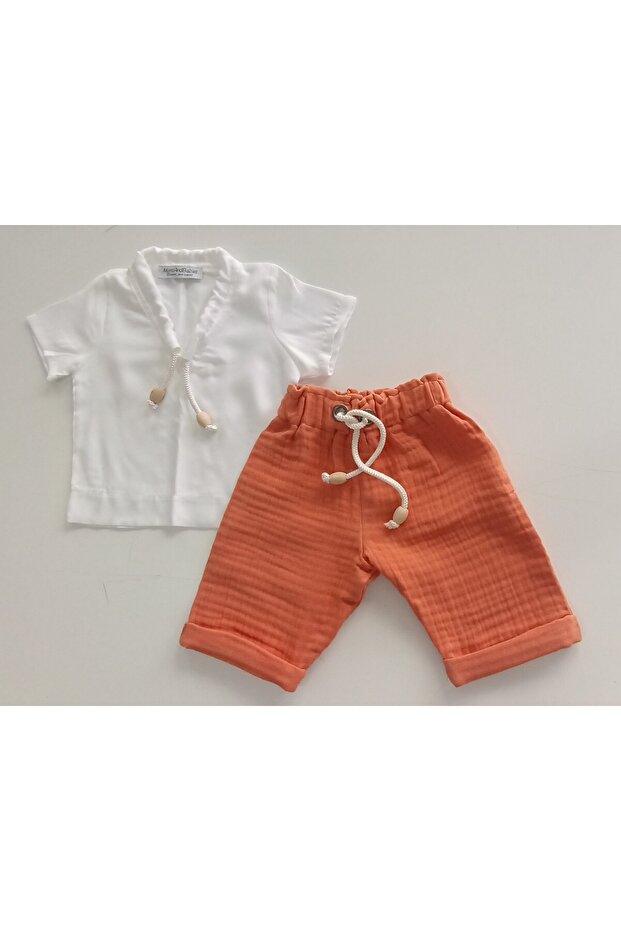 Çocuk Müslin Şort Tişörtlü Şort Yeşil - Turuncu - Tarçın Renkler Takım 0-6 Yaş - 7