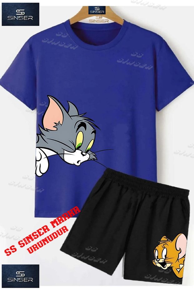 Kids Unisex “Tom and Jerry Heads Sideways“ Custom Printed Crew Neck T-Shirt - Shorts Set