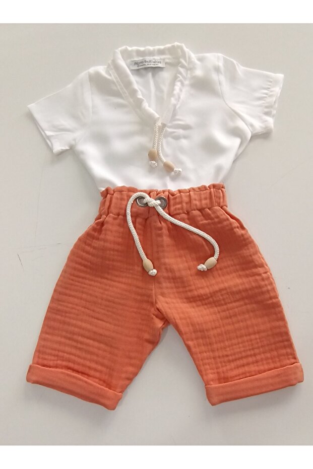 Çocuk Müslin Şort Tişörtlü Şort Yeşil - Turuncu - Tarçın Renkler Takım 0-6 Yaş - 4