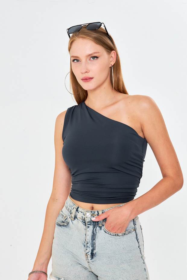 One Shoulder Side Tie Detail Basic Bluz - 2