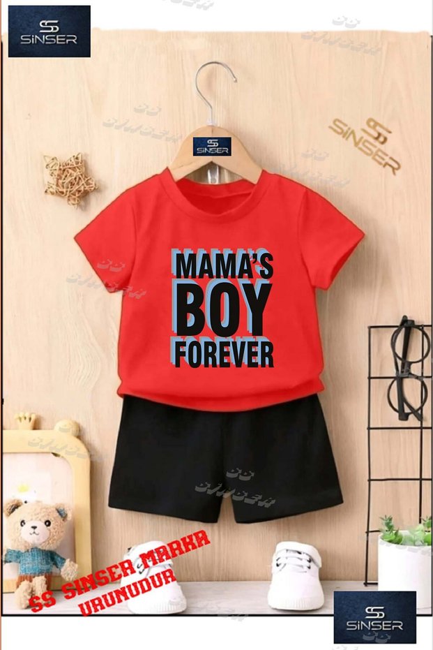 Children's Unisex “Mamas Boy Written“ Special Printed Crew Neck T-Shirt - Shorts Set
