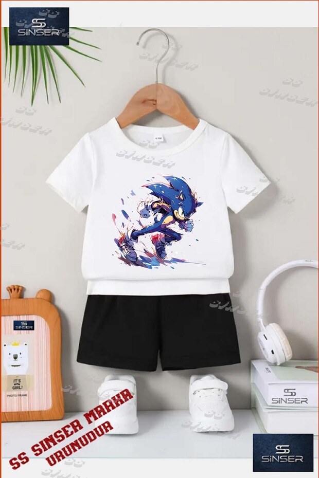 Children's Unisex “Sonic Kosan Painted“ Special Printed Crew Neck T-Shirt - Shorts Set