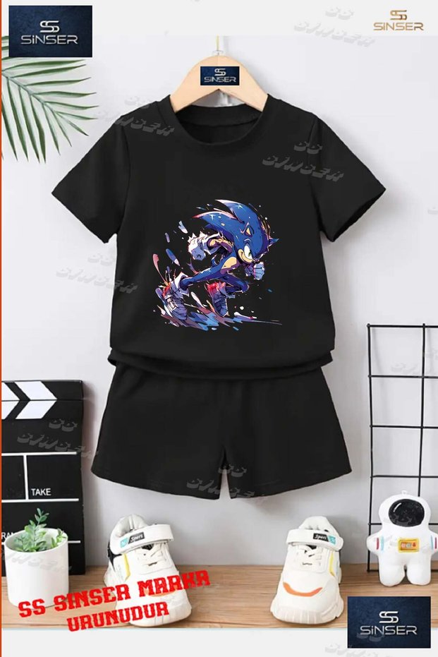 Children's Unisex “Sonic Kosan Painted“ Special Printed Crew Neck T-Shirt - Shorts Set