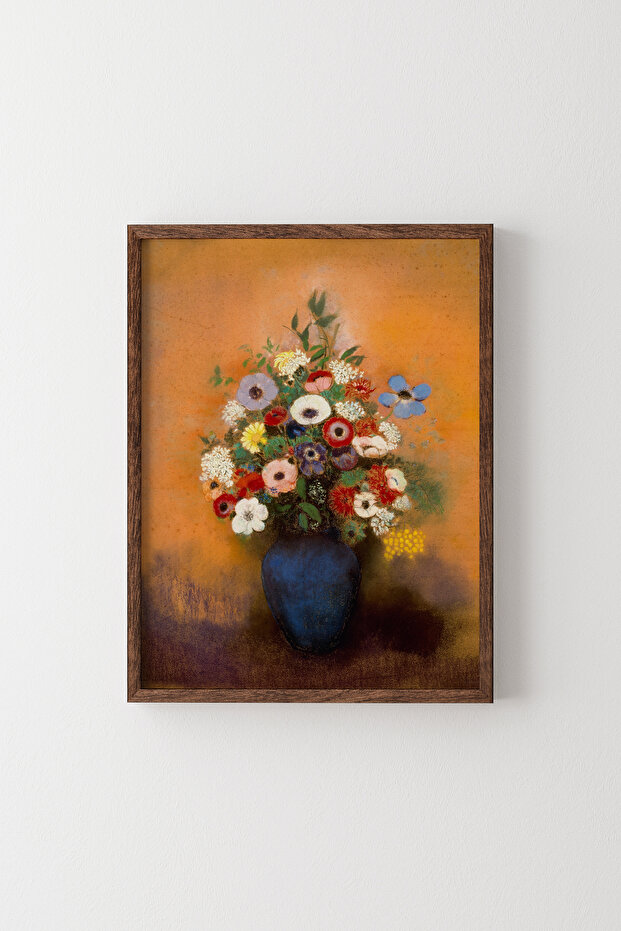 Mavi Vazoda Anemon ve Leylak - Ahşap Desenli Çerçeve - 1