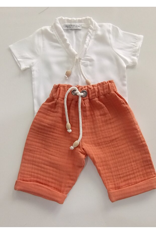 Çocuk Müslin Şort Tişörtlü Şort Yeşil - Turuncu - Tarçın Renkler Takım 0-6 Yaş - 6