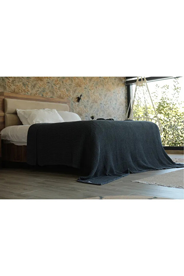 %100 Pamuklu Müslin Waffle 4 Katlı Tek Kişilk Yatak Örtüsü Lacivert 160x230 cm - 2